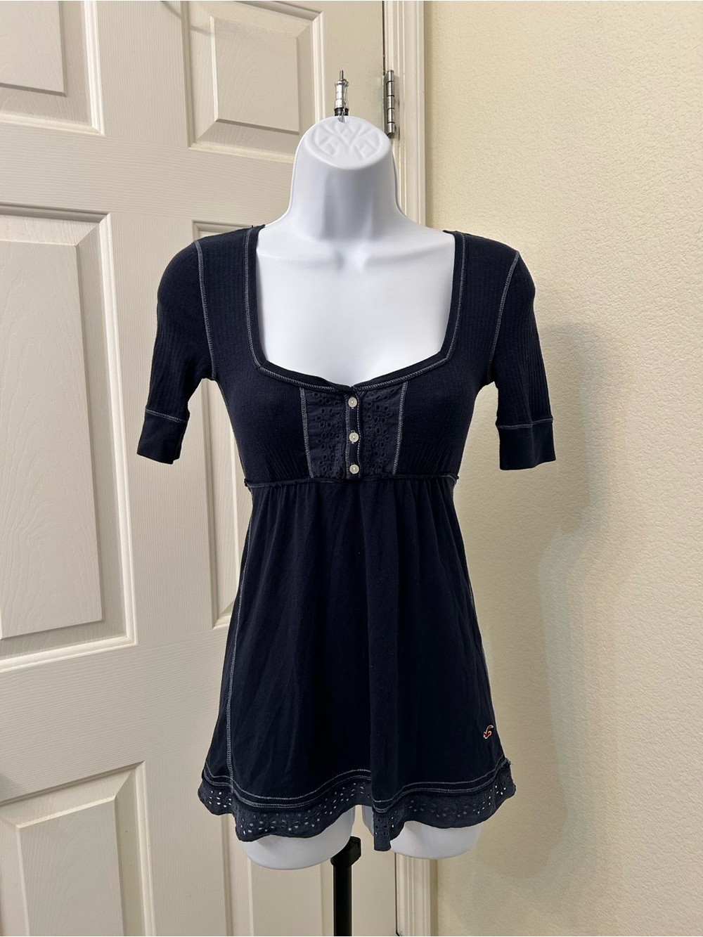 Rare Y2K Hollister Navy Square-Neck Knit Babydoll Top